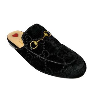 Gucci Princetown Velvet Horsebit Mules Black GG Logo Loafers EU 37 US 7 Monogram